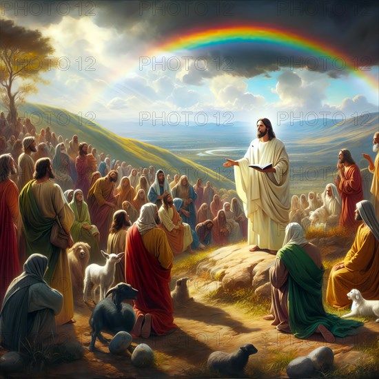 Jesus Christ proclaims the Sermon on the Mount, symbolic image myth, religion, saviour, Christianity, martyr, Jesus of Nazareth, New Testament, AI generated, AI generated