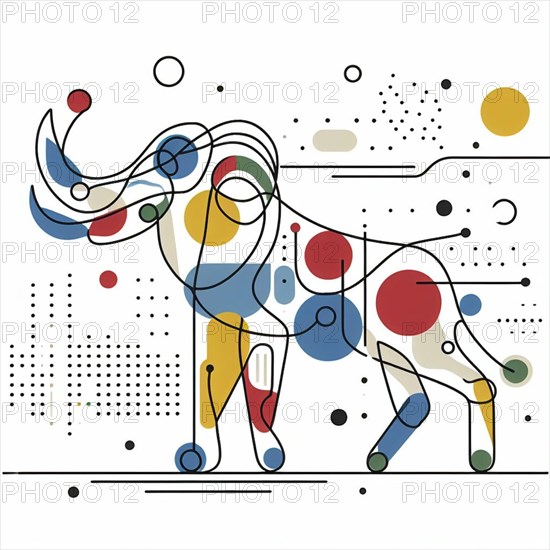 Modern abstract line art of a mammoth with geometric shapes and primary colors, continuous line art, creature is stylized and simplified to the most basic geometric forms, exaggerated features, adorned with splashes of primary colors, clean white solid background, with subtle geometric shapes and thin, straight lines that intersect with dotted nodes and overlap the figures. The overall aesthetic is modern and contemporary, AI generated