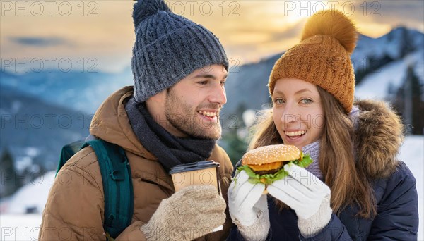 AI generated, human, humans, person, persons, man, woman, woman, 25, 30, years, two, outdoor, ice, snow, winter, seasons, eats, eat, drinks, drinking, cap, bobble hat, gloves, winter jacket, cold, cold, burger, hamburger, coffee to go, coffee, coffee mug