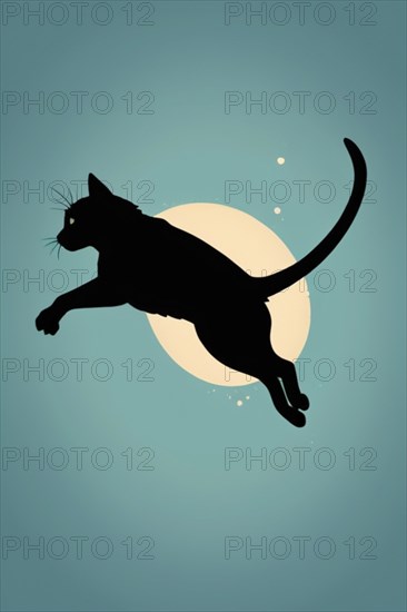 A minimalist art of a cat's silhouette jumping in front of a pale yellow circle, minimalist vintage design muted faded, bright background, AI Generated, AI generated