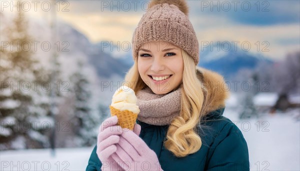 AI generated, human, humans, person, persons, woman, woman, one person, 20, 25, years, outdoor, ice, snow, winter, seasons, eats, eating, ice cream, waffle ice cream, waffle, Italian ice cream, cap, bobble hat, gloves, winter jacket, cold, coldness