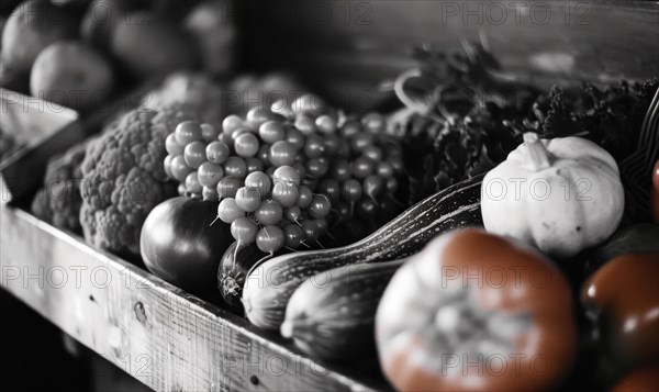 Fruits and vegetables in a wooden box. Black and white photo AI generated