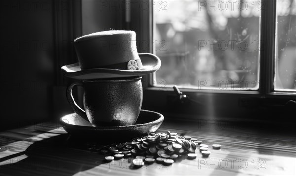 Leprechaun hat and pot of gold closeup. Monochrome photo. AI generated