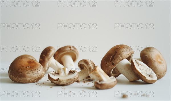 Fresh champignon mushrooms on white background. Shallow depth of field. AI generated