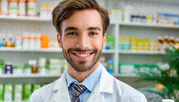 AI generated, A young pharmacist in his pharmacy, portrait, 30, 35, years, man, men, male, bearded, beautiful teeth, smiling, profession, professions, medicines in the background, a person