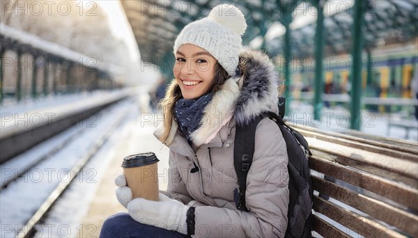 AI generated, A young blonde woman wants to travel and waits for the train at the station, 20, 25, blonde, blond, blonde, modern, noderne, aluminium suitcase, handbag, winter jacket, boots, sexy, attractive, attractive, long-haired, transport, traffic, coffee to go in hand, coffee, coffee cup