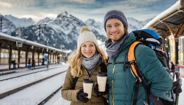 AI generated, woman, woman, man, men, A young couple wants to travel and is waiting for the train at the station, 25, 30, sneakers, shoes, sexy, attractive, attractive, long-haired, handbag, transport, traffic, backpack, bobble hat, coffee to go in hand, coffee, coffee cup, ice, winter, snow, two people sitting on the bench