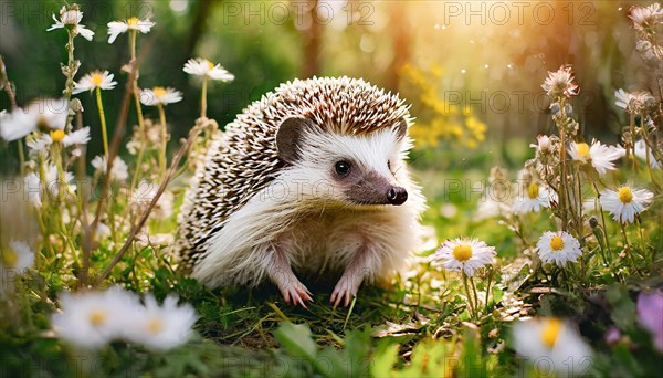 KI generated, animal, animals, mammal, mammals, young hedgehog (Erinaceidae), sitting in flower meadow, spring, a single animal, white and yellow flowers, meadow, lawn