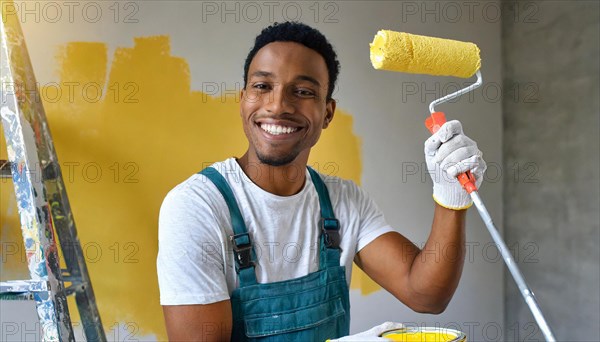 AI generated, man, men, a painter paints a wall with new yellow paint, father, renovation of old flat, paint roller, ladder, yellow, paint, 25, 30, years, a, person, occupation, occupations, leisure activity, family, smiles, smiling, fun at work, laughing, laughing, laughing, friend, partner, man