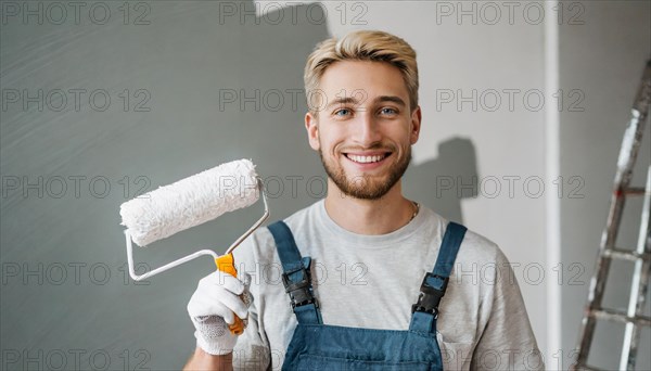 AI generated, man, men, a painter paints a wall with new white paint, father, renovation of old flat, paint roller, ladder, white, white paint, 25, 30, years, a, person, occupation, occupations, leisure activity, family, smiles, smiling, fun at work, laughing, laughing, laughing, friend, partner, man