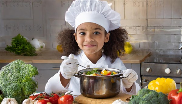 AI generated, human, humans, person, persons, child, children, 8 year old girl cooking a vegetable soup in a white kitchen, chef's hat, smock, cute, cute, cute, beautiful eyes, beautiful teeth, cook, cook, kitchen table, vegetables, onions, garlic