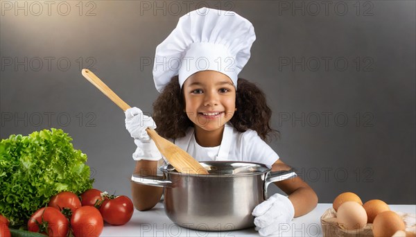 AI generated, human, humans, person, persons, child, children, 8 year old girl cooking a vegetable soup in a white kitchen, chef's hat, smock, cute, cute, cute, beautiful eyes, beautiful teeth, cook, cook, kitchen table, vegetables, onions, garlic