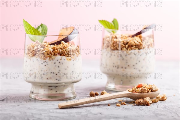 Yoghurt with plum, chia seeds and granola in a glass and wooden spoon on gray and pink background. side view, close up