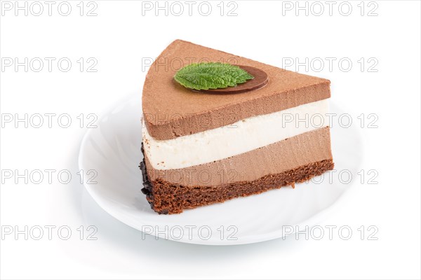 Cake with souffle milk chocolate cream isolated on white background. side view, close up