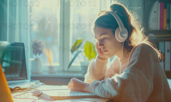 A young woman in headphones focused on studying with a laptop in warm light AI generated