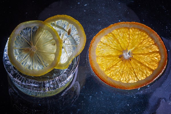 Transparent slices of fresh oranges and lemons on the glass with ice