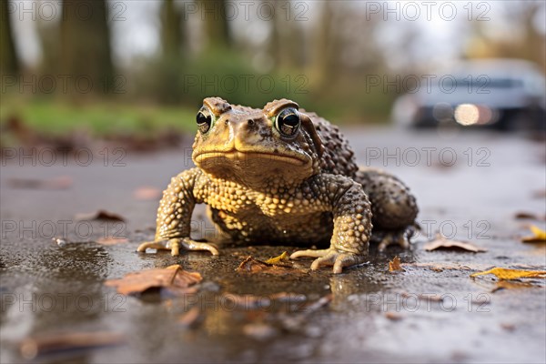 Toad sitting in middle of street with approaching car in background. KI generiert, generiert AI generated