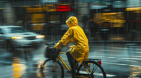 Cyclist in yellow mackintosh riding fast on urban road in heavy rain, AI generated, AI generated