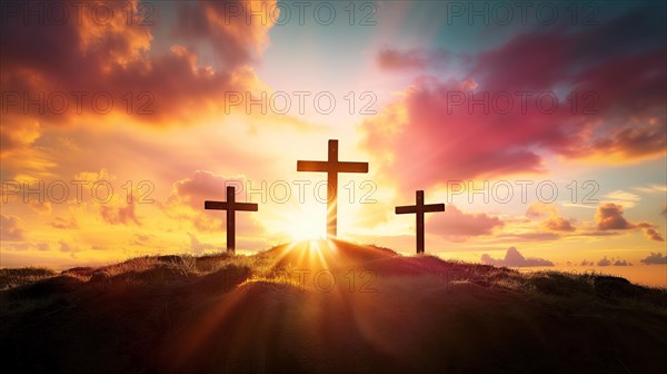 Easter concept three crosses on Golgotha Calvary hill against a dramatic sunset, AI generated