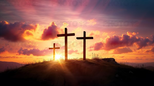 Easter concept three crosses on Golgotha Calvary hill against a dramatic sunset, AI generated