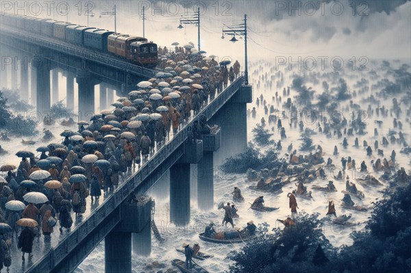 A surreal busy scene of commuters with umbrellas walking near a train on a foggy bridge, AI generated