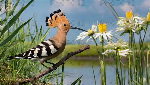 KI generated, animal, animals, bird, birds, biotope, habitat, one, individual, water, reeds, water lilies, blue sky, foraging, wildlife, hoopoe (Upupa epops), tree hoopoes