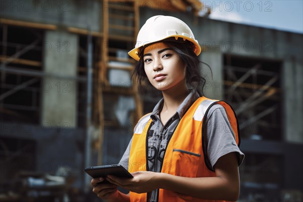 Young female Asian construction worker with safety helmet and vest. KI generiert, generiert AI generated