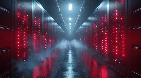 A misty corridor flanked by server racks with glowing red lights in a data center, ai generated, AI generated