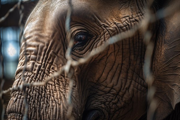 Close up of sad caged elephant behind bars. KI generiert, generiert AI generated