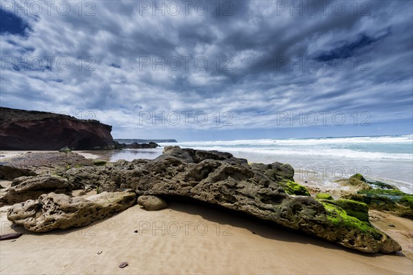 Rocky beach landscape, rocks, sea, Atlantic coast, rocky coast, rock formation, natural landscape, travel, nature, coastal landscape, geology, geological history, Atlantic Ocean, beach, stone, weather, bad, cloudy, holiday, Southern Europe, Carrapateira, Algarve, Portugal, Europe