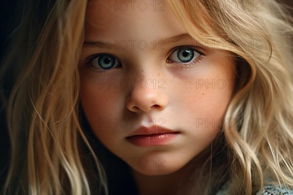 Portrait of young caucasian gilr child with blond hair and blue eyes. KI generiert, generiert AI generated