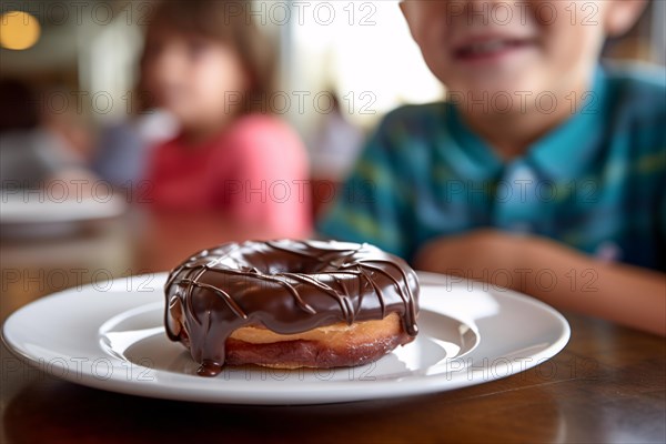 Plate with chocolate donut on kitchen table with young child in background. Concpet for unhealthy eating habbits with children. KI generiert, generiert AI generated