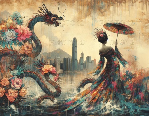 Surreal image of an Asian tall sexy traditional woman with an umbrella, a fantasy dragon, and floral elements against a rainy modern urban skyline, japanese themed shunga style based, AI Generated, AI generated