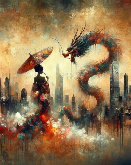 Stylized depiction of a tall woman sihouette with a parasol facing a dragon with a city backdrop, modern skyline, japanese themed shunga style based, AI Generated, AI generated