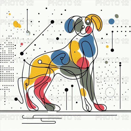 Whimsical abstract geometric composition featuring a colorful dog with bold shapes, continuous line art, creature is stylized and simplified to the most basic geometric forms, exaggerated features, adorned with splashes of primary colors, clean white solid background, with subtle geometric shapes and thin, straight lines that intersect with dotted nodes and overlap the figures. The overall aesthetic is modern and contemporary, AI generated