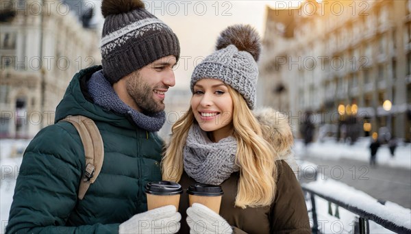 AI generated, human, humans, person, persons, man, woman, woman, 25, 30, years, couple, two persons, outdoor shot, ice, snow, winter, seasons, drinks, drinking, coffee to go, coffee, coffee mug, cap, bobble hat, gloves, winter jacket, cold, coldness