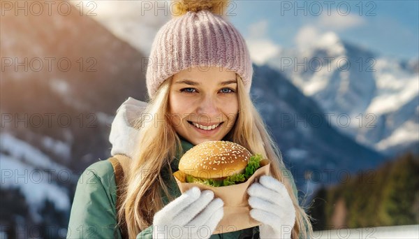 AI generated, human, humans, person, persons, woman, woman, 18, 20, years, one, outdoor, ice, snow, winter, seasons, eats, eating, burger, hamburger, cap, bobble hat, gloves, winter jacket, cold, coldness