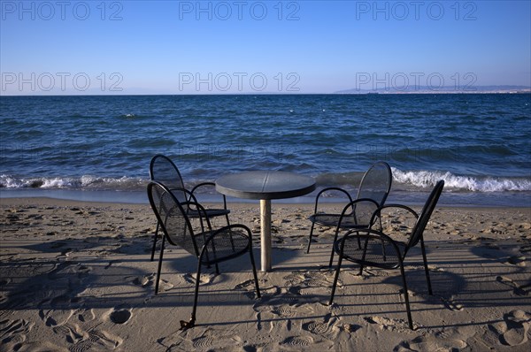 Sea, table and chairs, beach bar, beach, Peraia, also Perea, Thessaloniki, Macedonia, Greece, Europe
