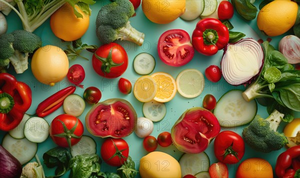 Top view of fresh vegetables on blue background. Concept of healthy eating. AI generated