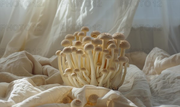 Shimeji mushrooms on white fabric background. Shimeji mushrooms. AI generated