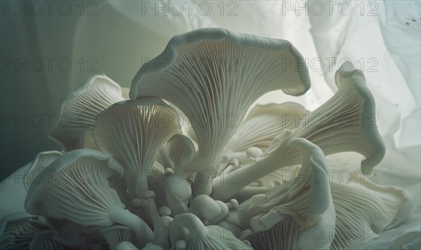 White oyster mushrooms on a white background. Selective focus AI generated