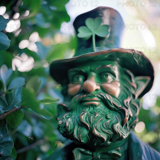 Sculpture of a leprechaun in the garden. AI generated