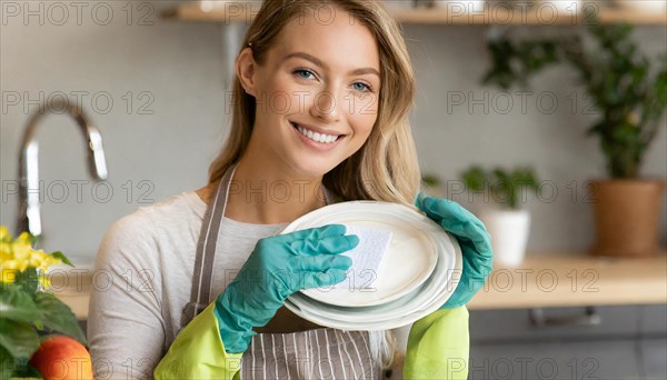 AI generated, woman, woman, 30, 35, blonde, blond, blonde, kitchen, sink, kitchen table, dishes, washing up, washing dishes, plates, cups, glasses, dishcloth, gloves, cleaning, water, polishing cloth, polishing, clean, cleanliness, housewife, mother, family