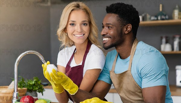 AI generated, woman, woman, man, men, 30, 35, blonde, blond, blonde, kitchen, sink, kitchen table, dishes, washing up, washing up, plates, cups, glasses, dishcloth, gloves, cleaning, water, polishing cloth, polishing, clean, cleanliness, housewife, mother, family, two people, an African