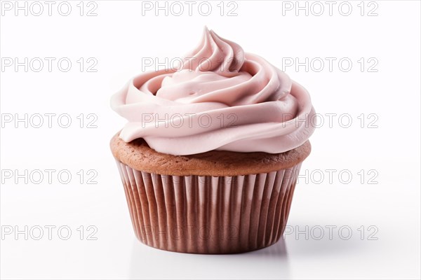 Single brown chocolate cupcake with pink frosting on white background. KI generiert, generiert AI generated