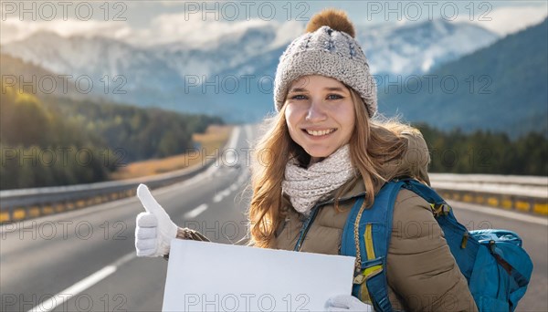AI generated, human, humans, person, persons, woman, woman, one person, 20, 25, years, outdoor shot, seasons, cap, bobble hat, gloves, winter jacket, cold, cold, backpack, woman wants to travel, hitchhiking, hitchhiking, hitchhiking, road, motorway, holding a white sign, text free space