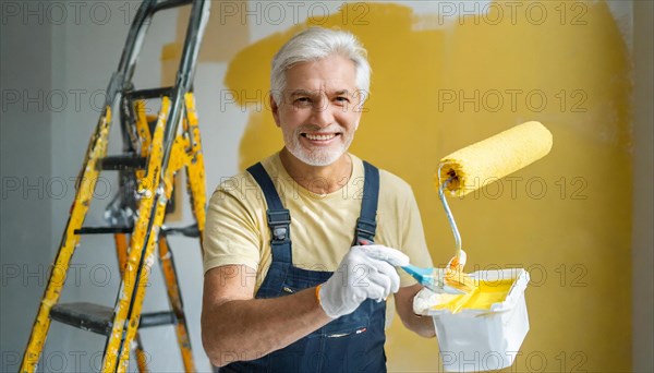 AI generated, man, men, a painter paints a wall with new yellow paint, father, renovation of old flat, paint roller, ladder, yellow, paint, 65, years, a, person, occupation, occupations, pastime, family, senior, seniors, smiling, smiling, fun at work, laughing, laughing, laughing