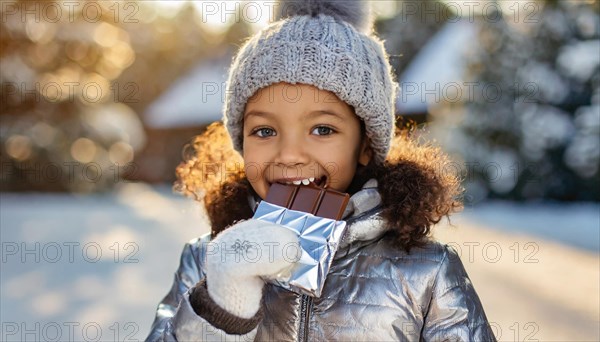 KI generated, Young girl, 10, years, eating a bar of chocolate, one person, outdoor shot, ice, snow, winter, seasons, eating, eating, hat, bobble hat, gloves, winter jacket, cold, coldness