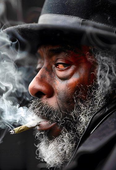 Symbolic image for the release of marijuana, an older black man with a grey beard and hat smokes a joint, AI generated, AI generated