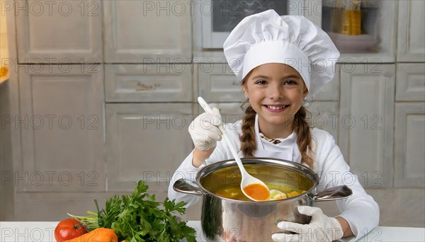 AI generated, human, humans, person, persons, child, children, 8 year old girl cooking a vegetable soup in a white kitchen, chef's hat, smock, cute, cute, cute, beautiful eyes, beautiful teeth, cook, cook, kitchen table, vegetables, onions, garlic